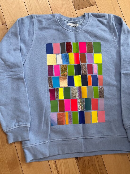 OKayok Tops - Okayok sweatshirt -  periwinkle blue with coloured pattern on front. Size sm-med
